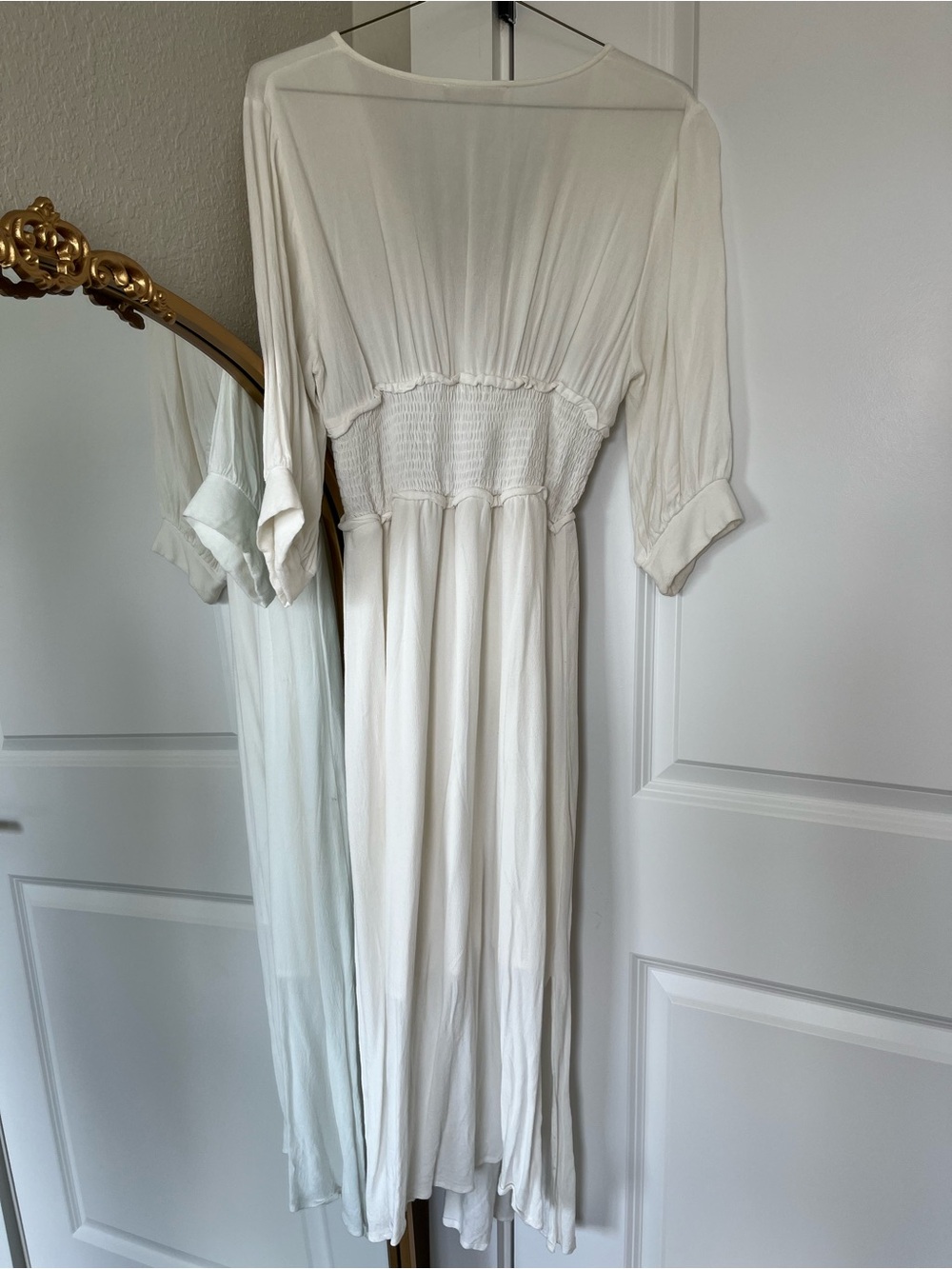 Stevie Hender White Smocked Waist Button Down Midi Dress with Side Slits - Picture 6 of 7